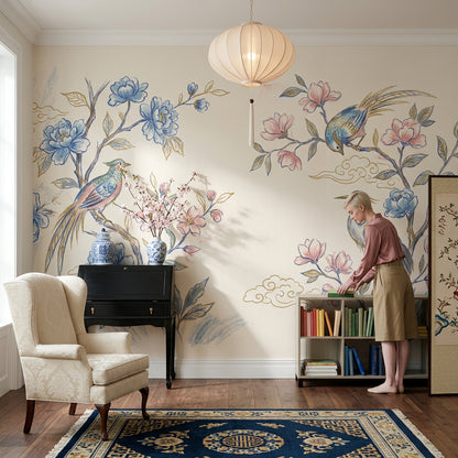 Chinoiserie Wallpaper Floral Branches Removable Blue Blossoms Wall Decor
