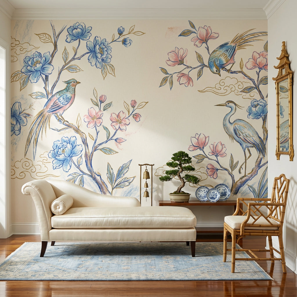 Chinoiserie Wallpaper Floral Branches Removable Blue Blossoms Wall Decor