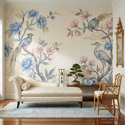Chinoiserie Wallpaper Floral Branches Removable Blue Blossoms Wall Decor