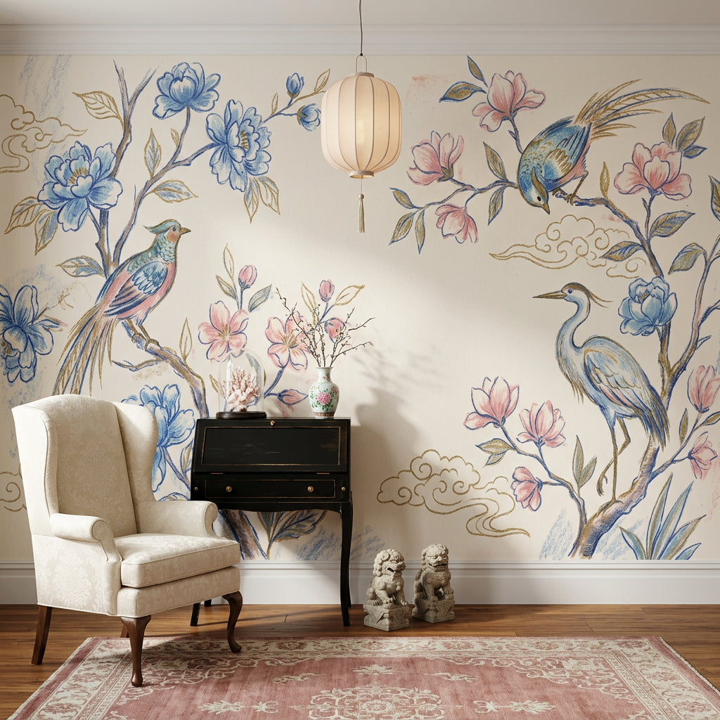 Chinoiserie Wallpaper Floral Branches Removable Blue Blossoms Wall Decor