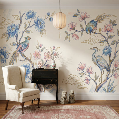 Chinoiserie Wallpaper Floral Branches Removable Blue Blossoms Wall Decor