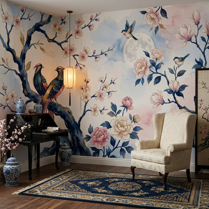 Pink Cherry Wallpaper Blossom Bird Removable Wall Decor