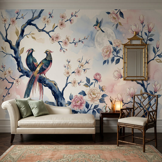 Pink Cherry Wallpaper Blossom Bird Removable Wall Decor