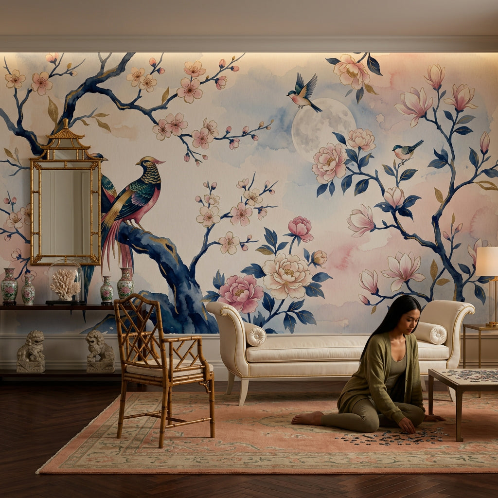 Pink Cherry Wallpaper Blossom Bird Removable Wall Decor