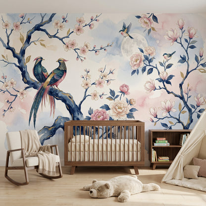 Pink Cherry Wallpaper Blossom Bird Removable Wall Decor