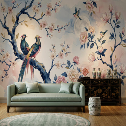 Pink Cherry Wallpaper Blossom Bird Removable Wall Decor