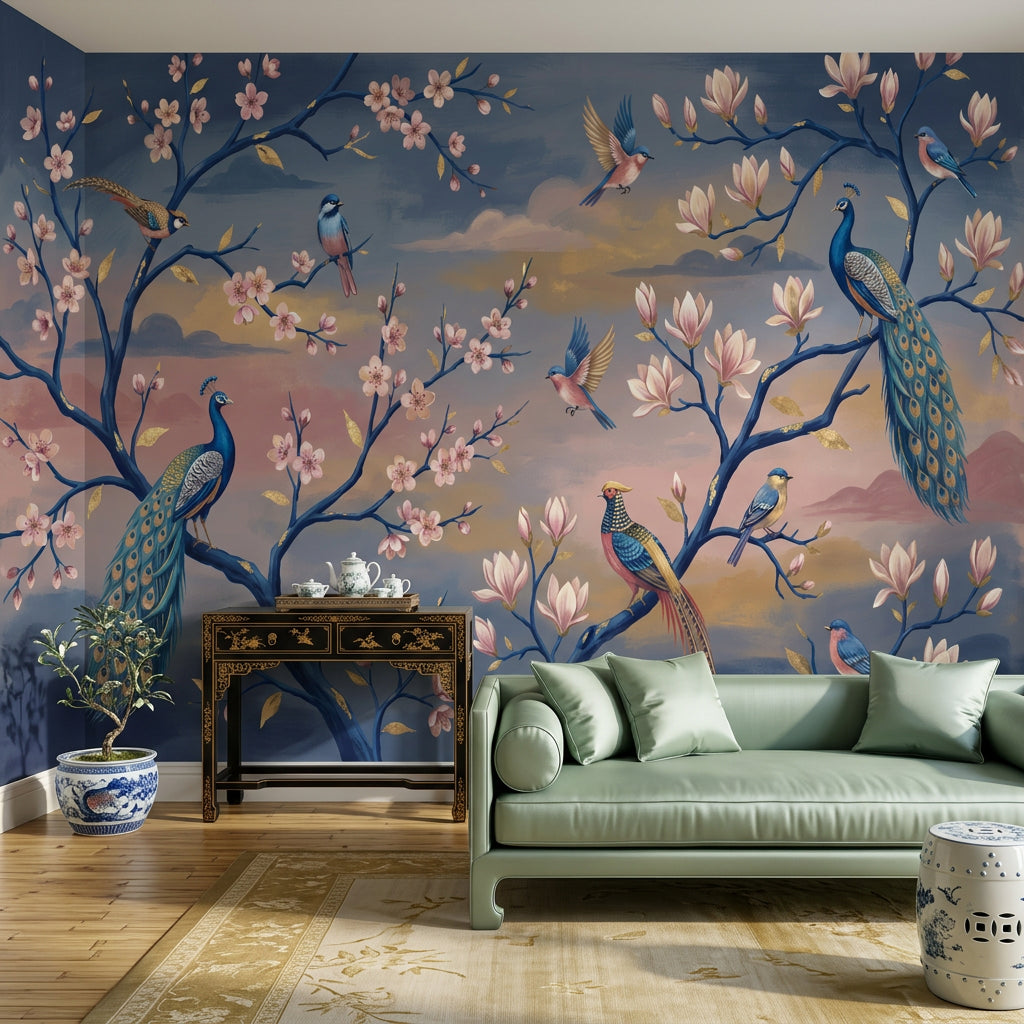 Oriental Mural Wallpaper Peacocks Cherry Blossoms Wall Mural