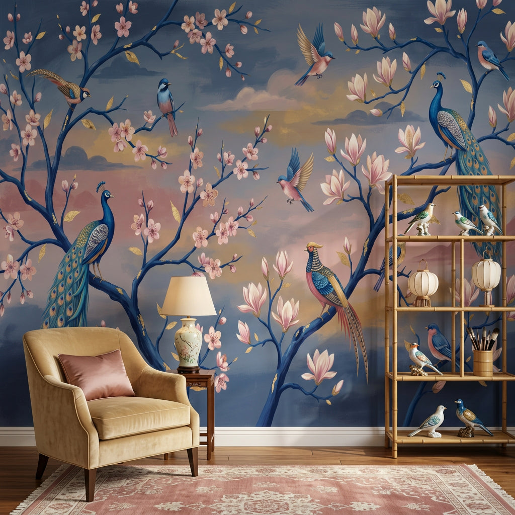 Oriental Mural Wallpaper Peacocks Cherry Blossoms Wall Mural