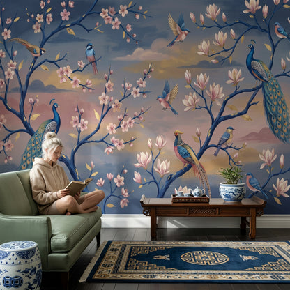 Oriental Mural Wallpaper Peacocks Cherry Blossoms Wall Mural