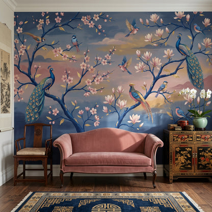 Oriental Mural Wallpaper Peacocks Cherry Blossoms Wall Mural