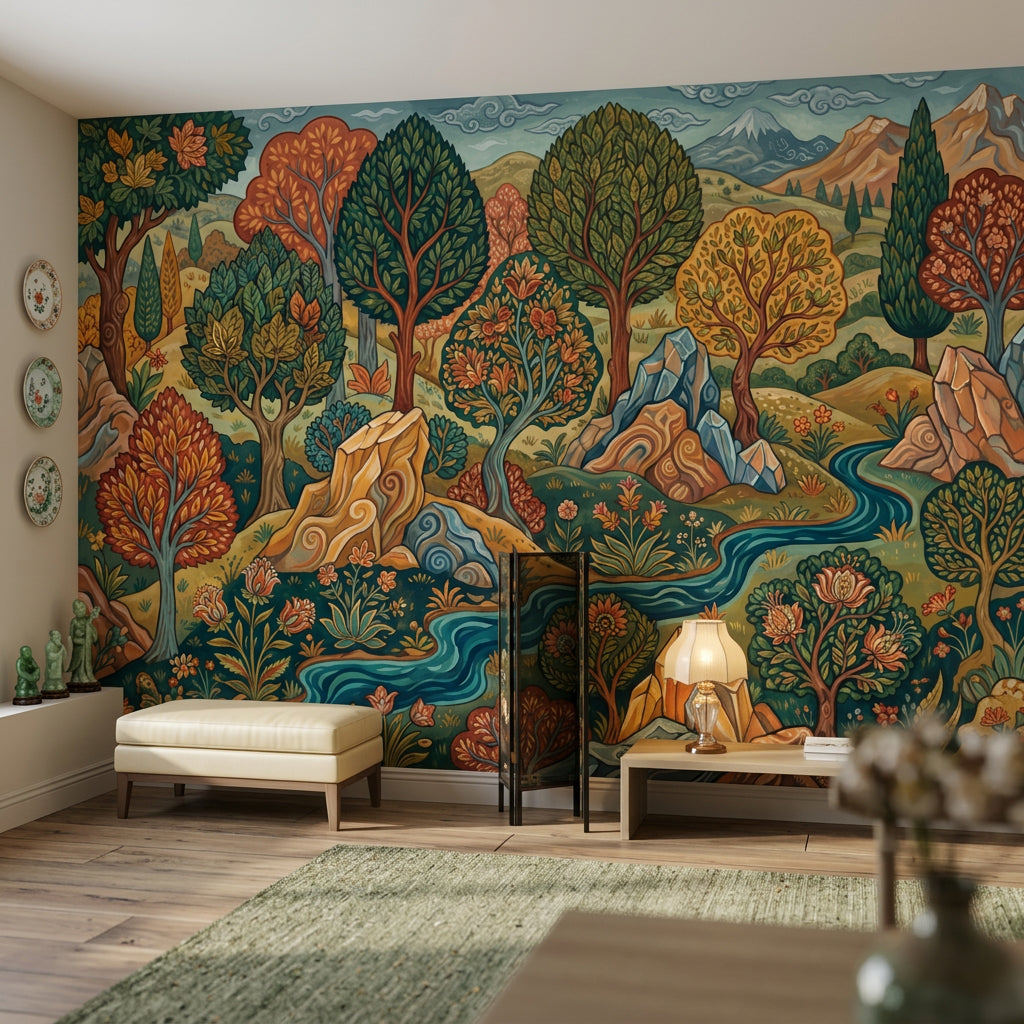 Stylized Landscape Wallpaper Folk Art Removable Winding River Wall Decor