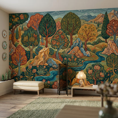 Stylized Landscape Wallpaper Folk Art Removable Winding River Wall Decor