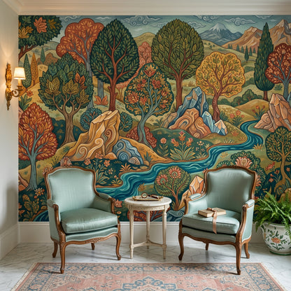 Stylized Landscape Wallpaper Folk Art Removable Winding River Wall Decor