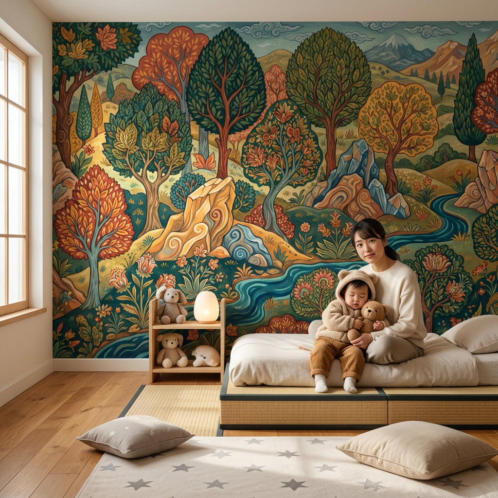 Stylized Landscape Wallpaper Folk Art Removable Winding River Wall Decor