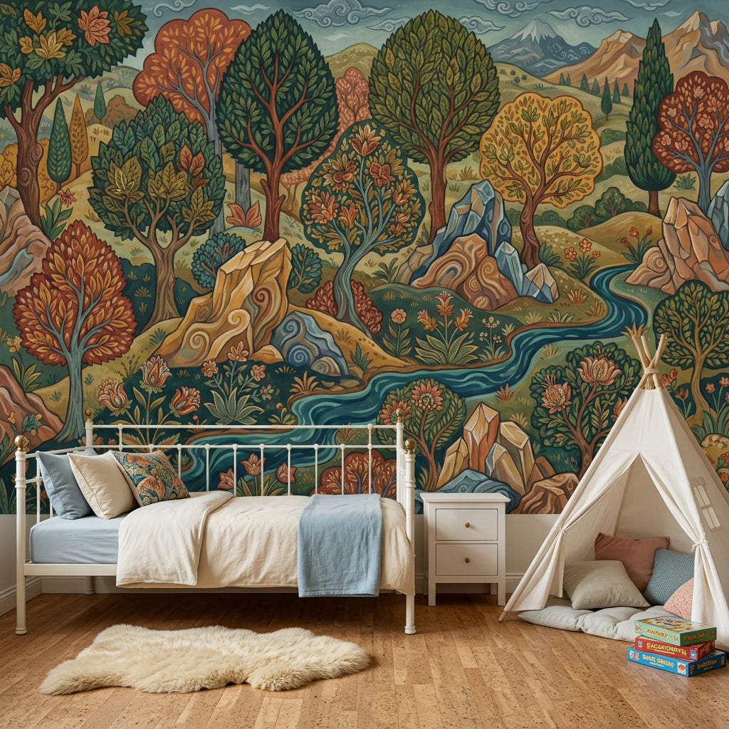 Stylized Landscape Wallpaper Folk Art Removable Winding River Wall Decor