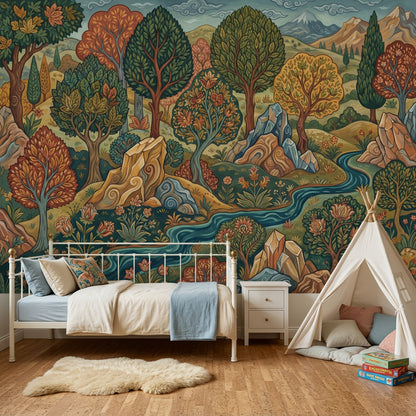Stylized Landscape Wallpaper Folk Art Removable Winding River Wall Decor