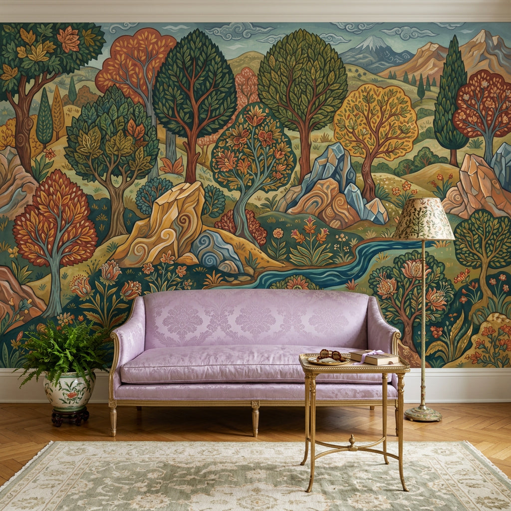 Stylized Landscape Wallpaper Folk Art Removable Winding River Wall Decor
