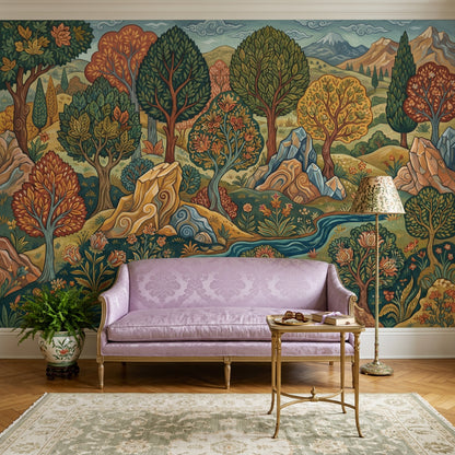 Stylized Landscape Wallpaper Folk Art Removable Winding River Wall Decor