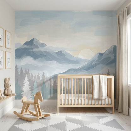 Mountain Landscape Wallpaper Misty Valley Removable Snowy Peaks Wall Decor