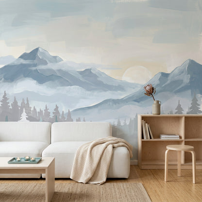 Mountain Landscape Wallpaper Misty Valley Removable Snowy Peaks Wall Decor