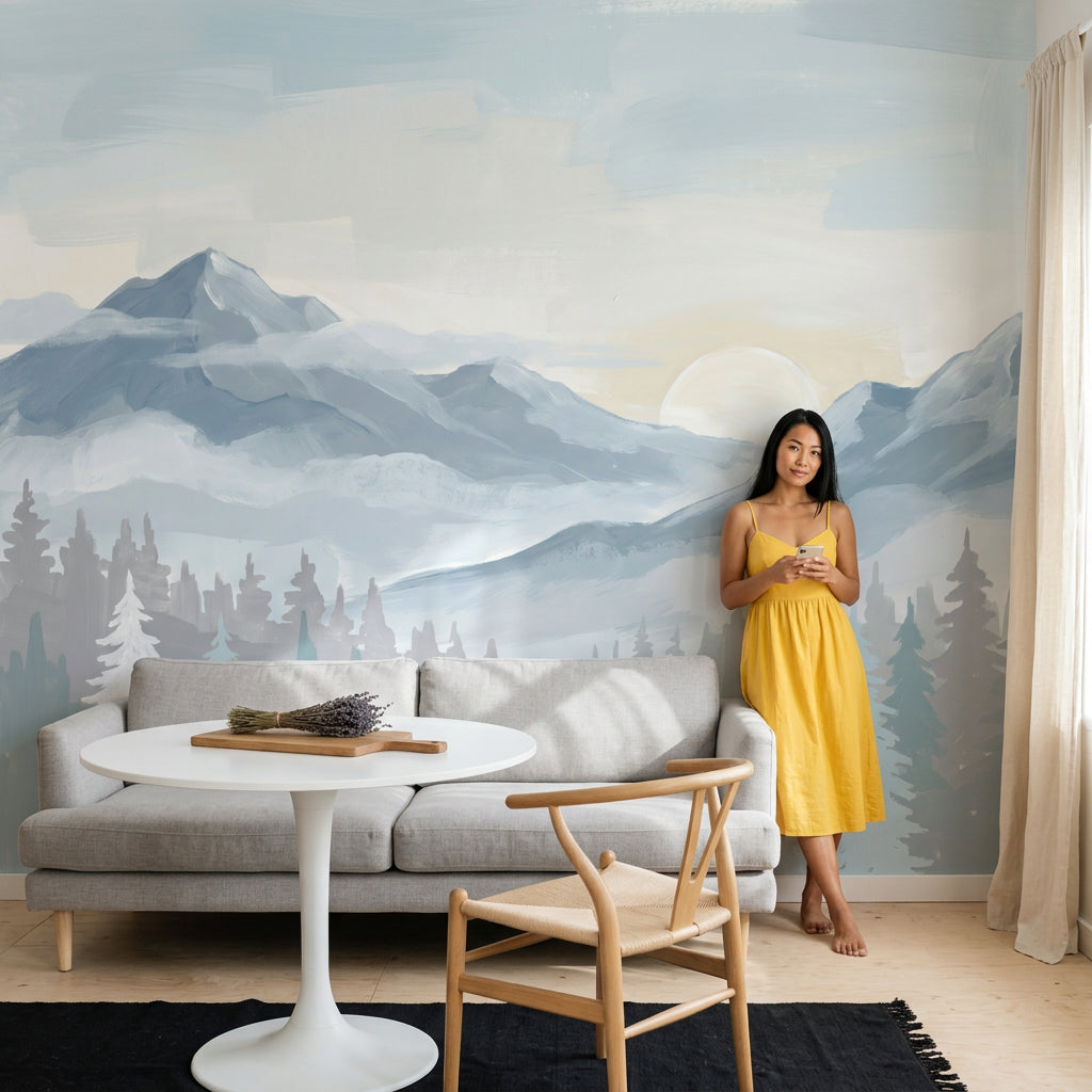 Mountain Landscape Wallpaper Misty Valley Removable Snowy Peaks Wall Decor
