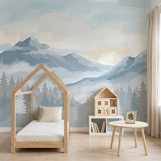 Mountain Landscape Wallpaper Misty Valley Removable Snowy Peaks Wall Decor