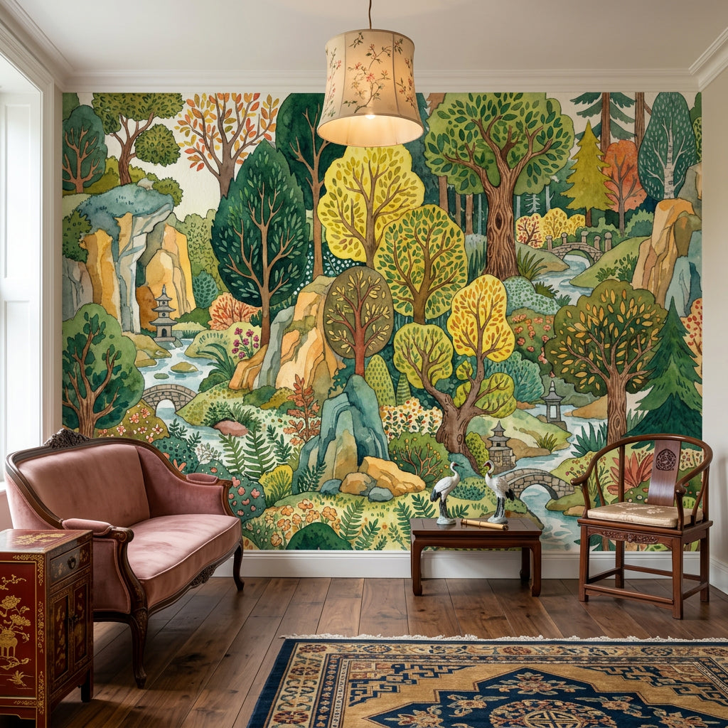 Forest Landscape Wallpaper Watercolor East Asian Garden Wall Mural