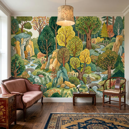 Forest Landscape Wallpaper Watercolor East Asian Garden Wall Mural
