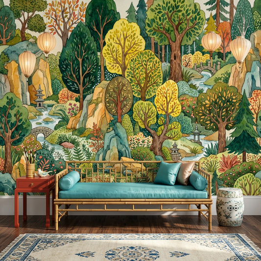 Forest Landscape Wallpaper Watercolor East Asian Garden Wall Mural