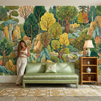 Forest Landscape Wallpaper Watercolor East Asian Garden Wall Mural