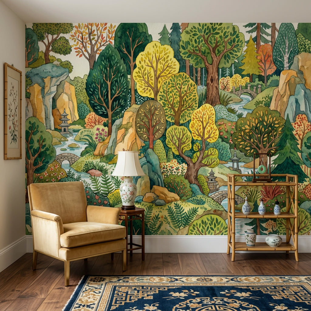 Forest Landscape Wallpaper Watercolor East Asian Garden Wall Mural