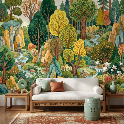 Forest Landscape Wallpaper Watercolor East Asian Garden Wall Mural