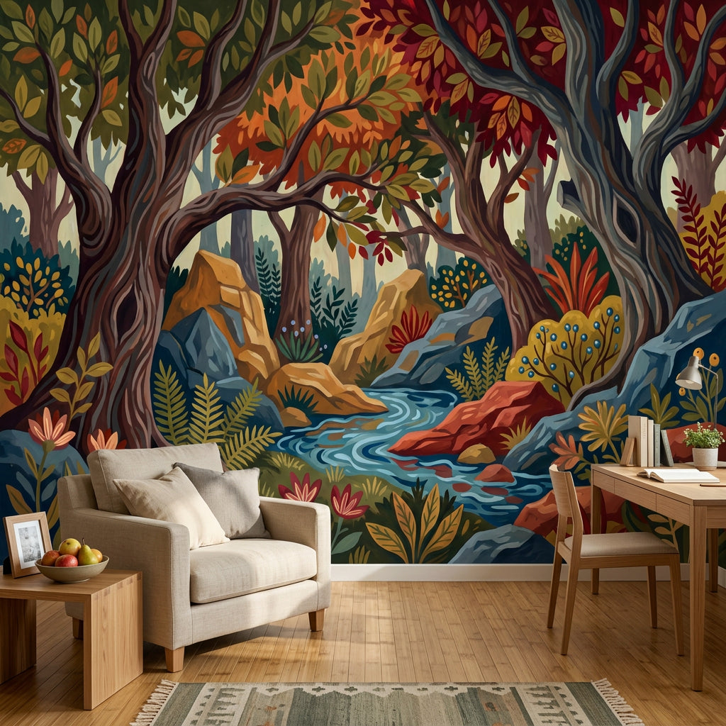 Woodland Landscape Wallpaper Forest Stream Autumn Foliage Removable Wall Decor