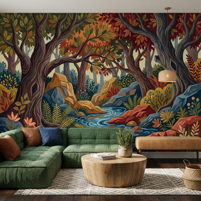 Woodland Landscape Wallpaper Forest Stream Autumn Foliage Removable Wall Decor