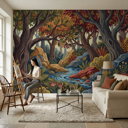 Woodland Landscape Wallpaper Forest Stream Autumn Foliage Removable Wall Decor