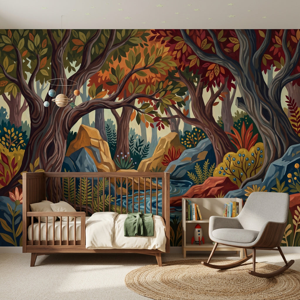 Woodland Landscape Wallpaper Forest Stream Autumn Foliage Removable Wall Decor