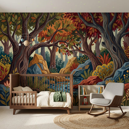 Woodland Landscape Wallpaper Forest Stream Autumn Foliage Removable Wall Decor