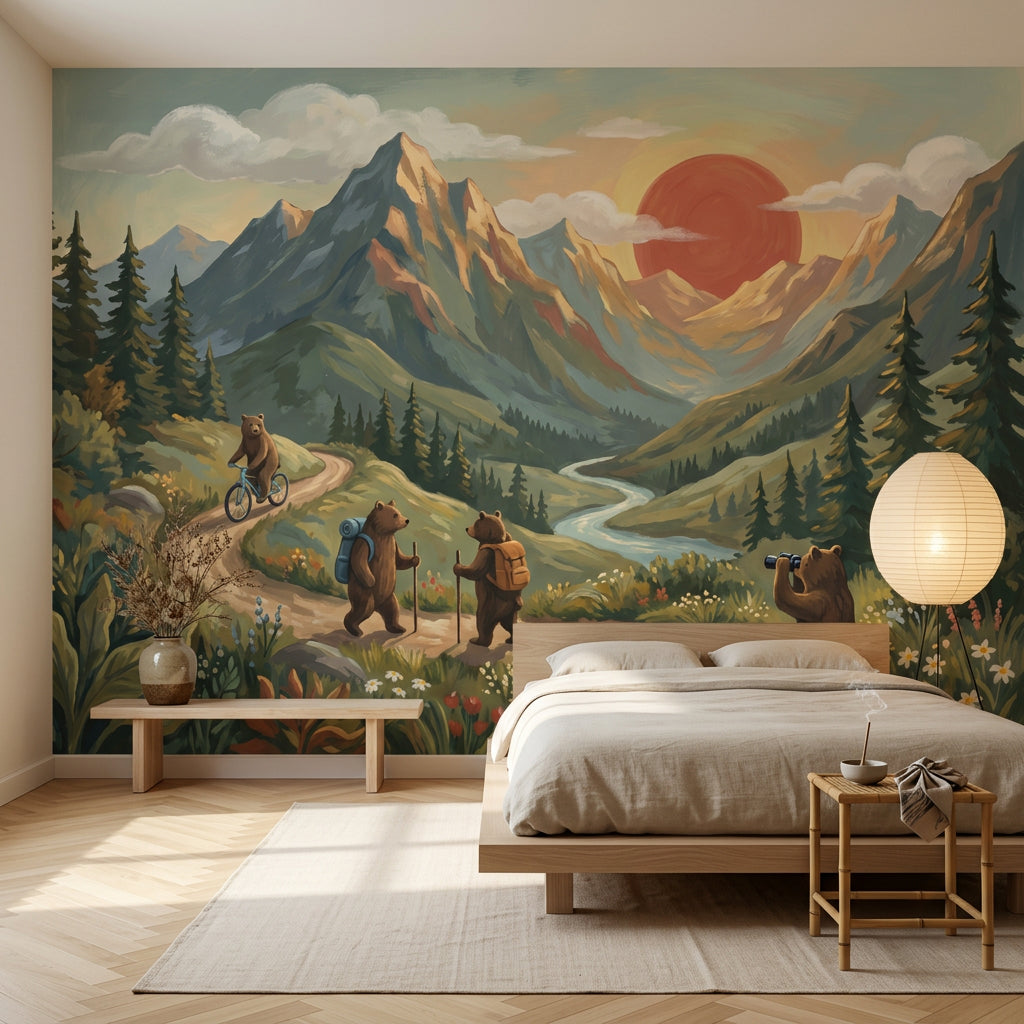 Mountain Landscape Wallpaper Whimsical Bears Outdoor Adventure Removable Wall Decor