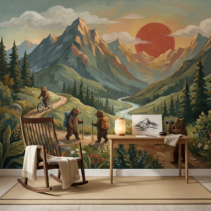 Mountain Landscape Wallpaper Whimsical Bears Outdoor Adventure Removable Wall Decor