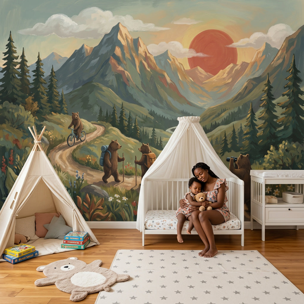 Mountain Landscape Wallpaper Whimsical Bears Outdoor Adventure Removable Wall Decor