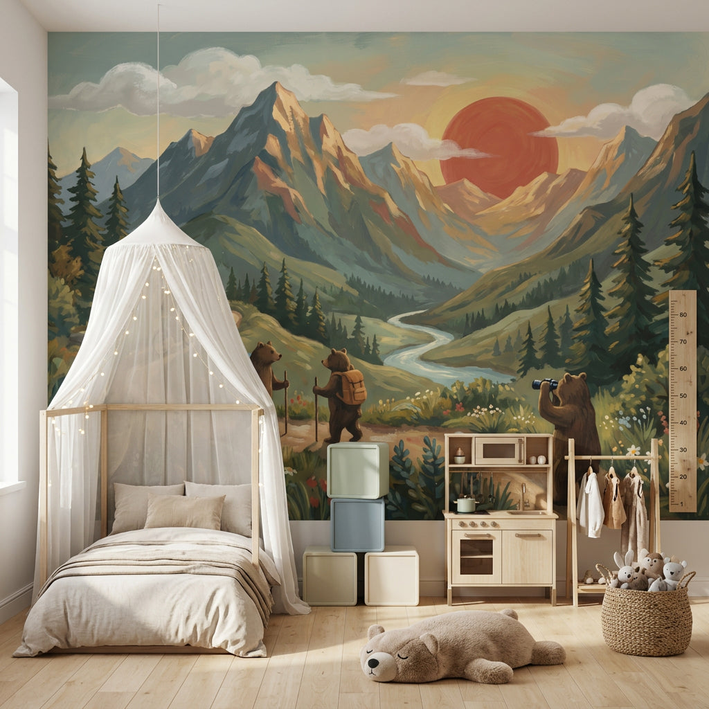 Mountain Landscape Wallpaper Whimsical Bears Outdoor Adventure Removable Wall Decor