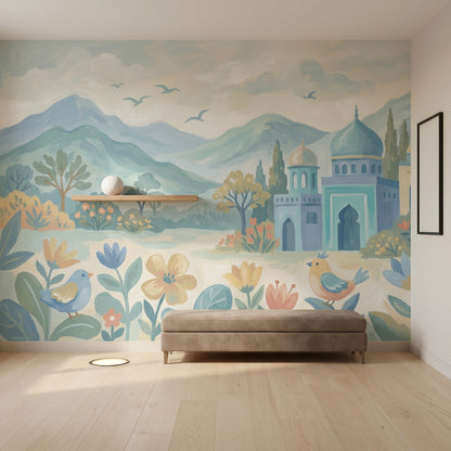 Pastel Landscape Wallpaper Blue Mountains Removable Domed Palace Wall Decor