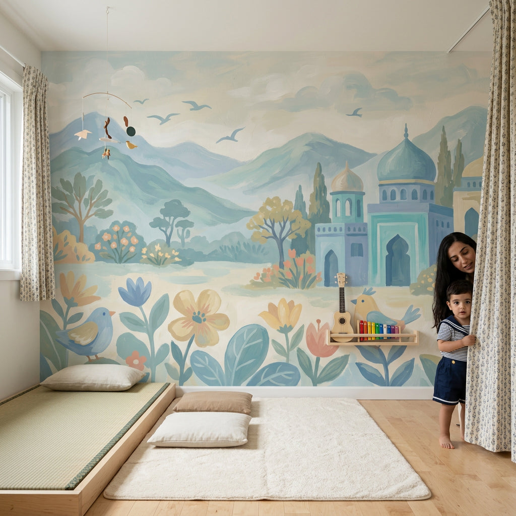 Pastel Landscape Wallpaper Blue Mountains Removable Domed Palace Wall Decor