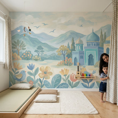 Pastel Landscape Wallpaper Blue Mountains Removable Domed Palace Wall Decor