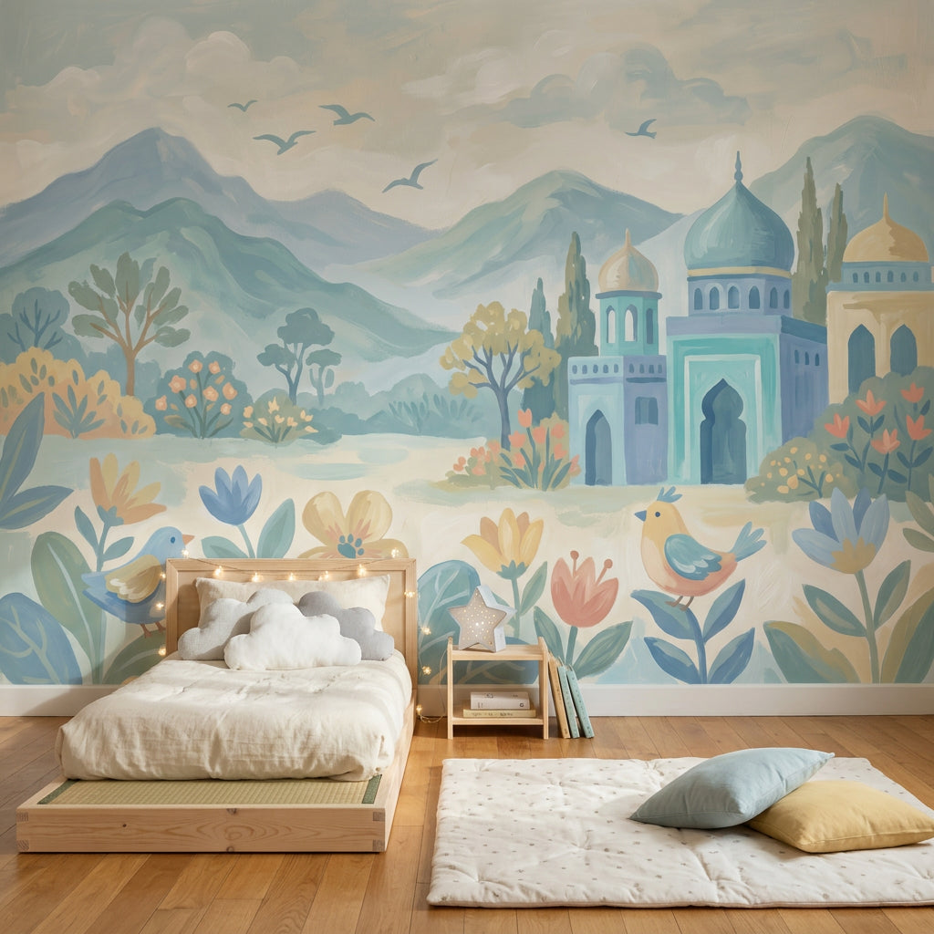 Pastel Landscape Wallpaper Blue Mountains Removable Domed Palace Wall Decor