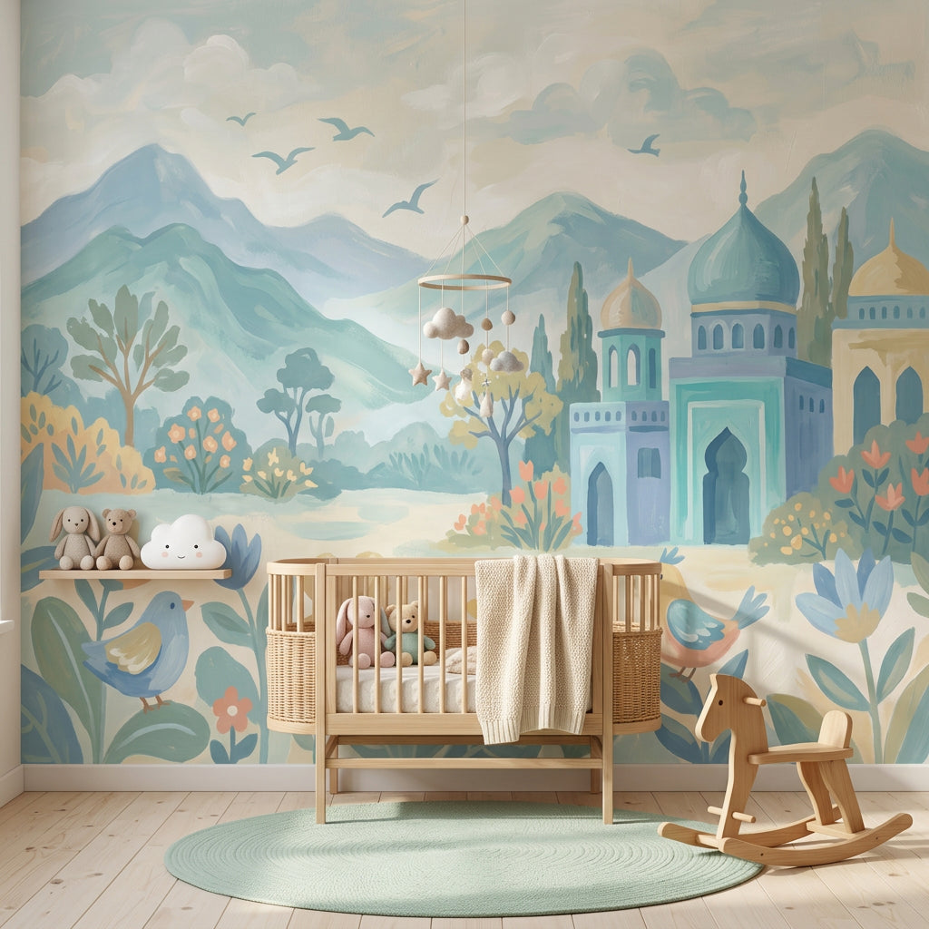 Pastel Landscape Wallpaper Blue Mountains Removable Domed Palace Wall Decor