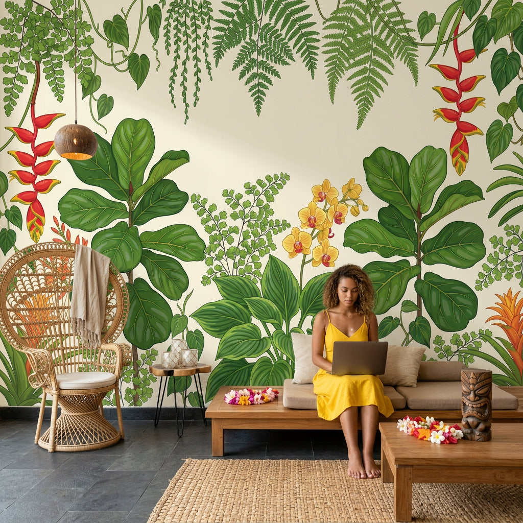 Tropical Botanical Wallpaper Green Foliage Jungle Garden Removable Wall Decor