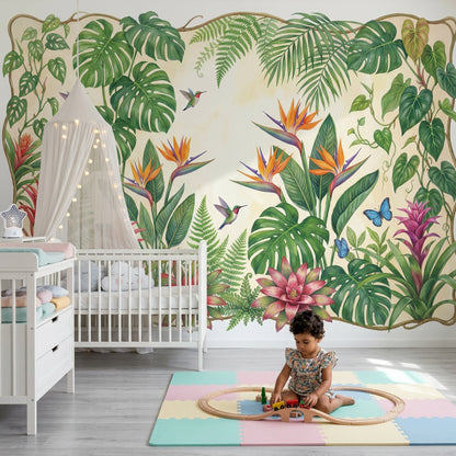 Tropical Botanical Wallpaper Green Foliage Removable Hummingbirds Wall Decor