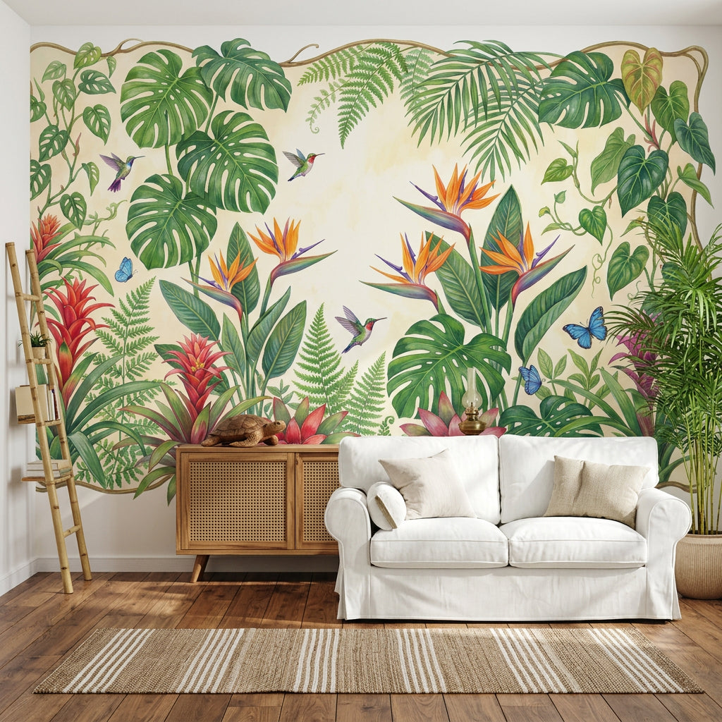 Tropical Botanical Wallpaper Green Foliage Removable Hummingbirds Wall Decor