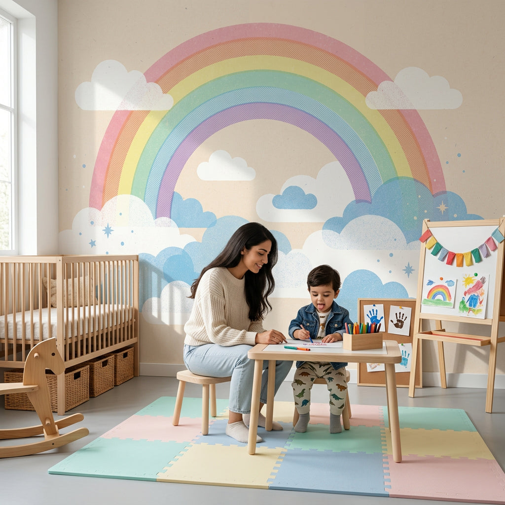 Pastel Rainbow Wallpaper Clouds Removable Whimsical Sky Wall Decor